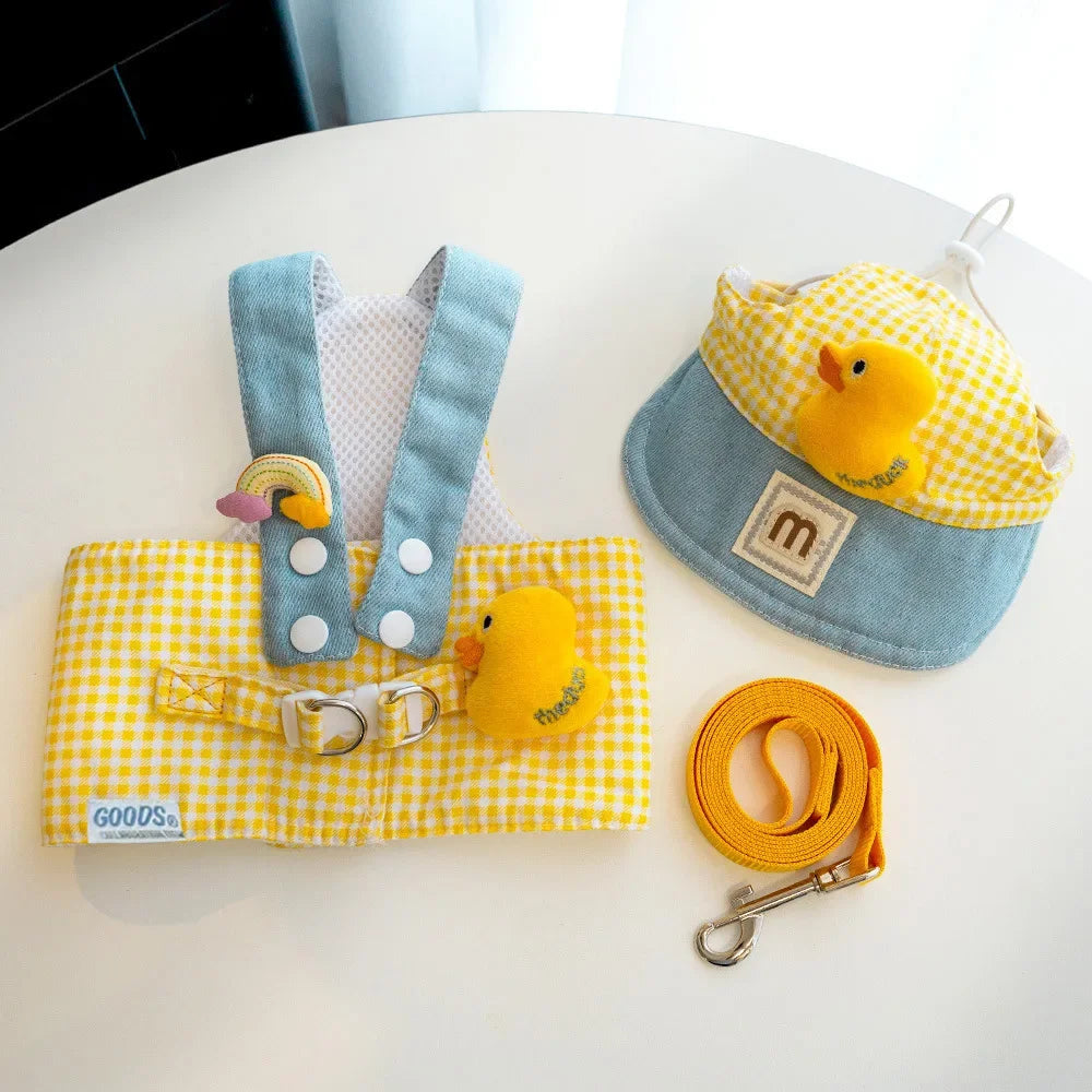 1/Set Fries Pet Harness Traction Rope Pet Wire Rope Pulling Cute Hat Three Piece Puppy Clothes Outgoing Pulling Harness Leash