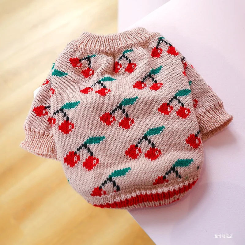1PC Pet Clothing Cat Autumn Winter Thickened Warm Pink Cherry Elastic Pullover Knitted Sweater Suitable for Small and Medium Dog