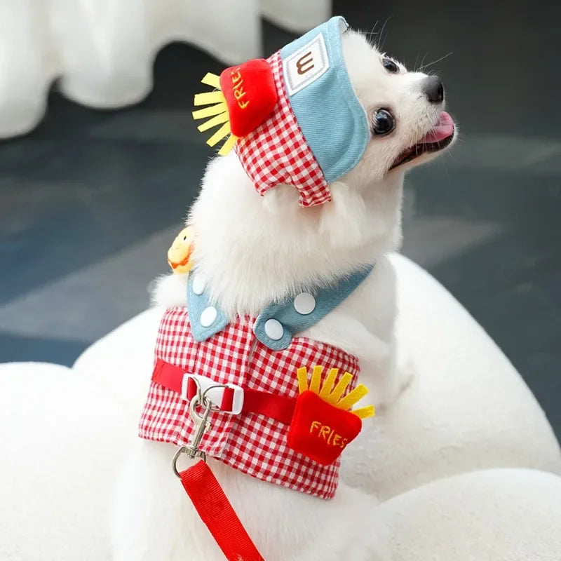 1/Set Fries Pet Harness Traction Rope Pet Wire Rope Pulling Cute Hat Three Piece Puppy Clothes Outgoing Pulling Harness Leash