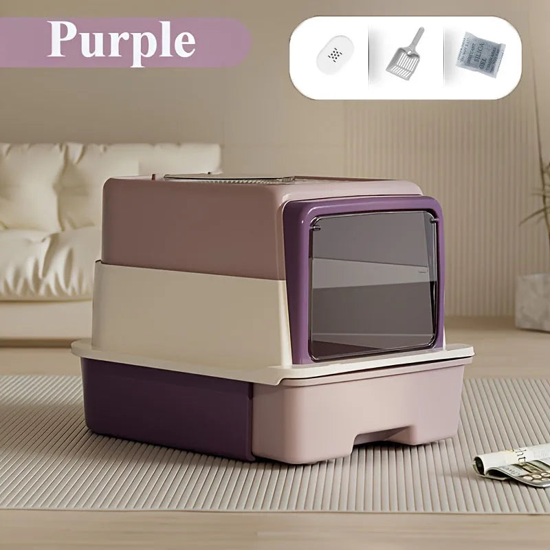 3 Layer Fully Enclosed Extra Large Cat Litter Box, Cat Litter Box with Cat Waste Shovel, Pet Toilet with UV Light