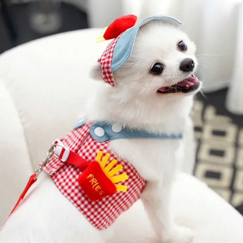 1/Set Fries Pet Harness Traction Rope Pet Wire Rope Pulling Cute Hat Three Piece Puppy Clothes Outgoing Pulling Harness Leash