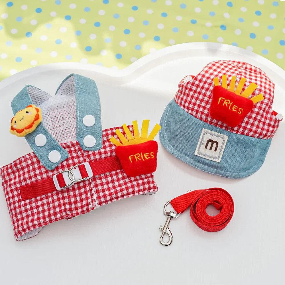 1/Set Fries Pet Harness Traction Rope Pet Wire Rope Pulling Cute Hat Three Piece Puppy Clothes Outgoing Pulling Harness Leash