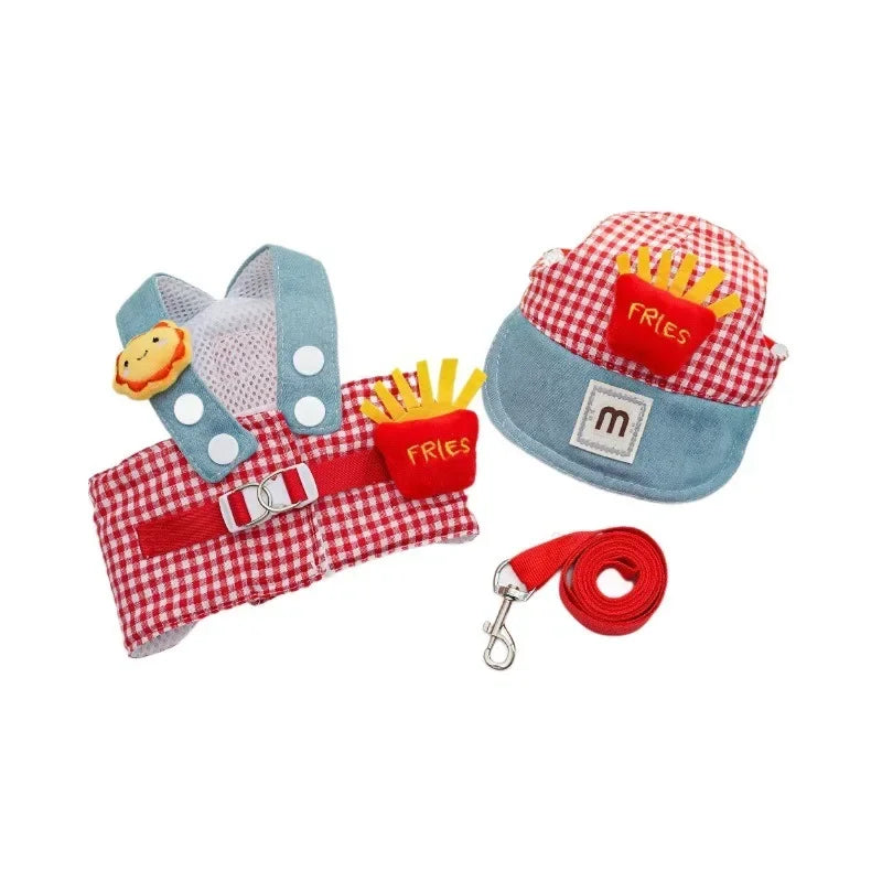 1/Set Fries Pet Harness Traction Rope Pet Wire Rope Pulling Cute Hat Three Piece Puppy Clothes Outgoing Pulling Harness Leash