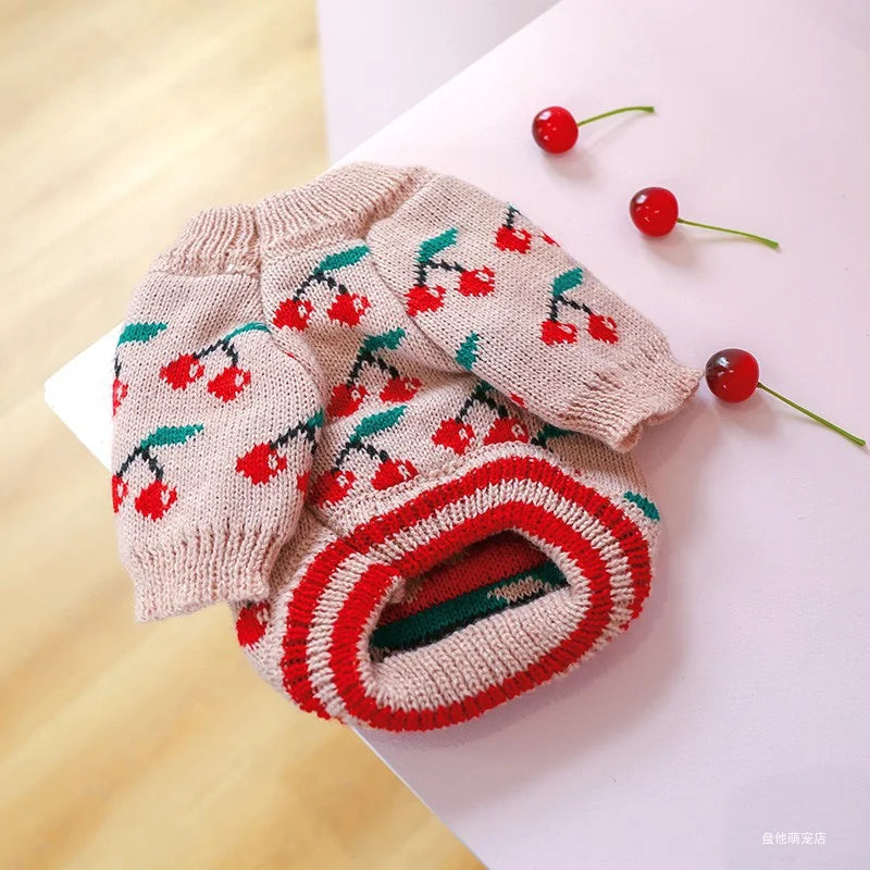 1PC Pet Clothing Cat Autumn Winter Thickened Warm Pink Cherry Elastic Pullover Knitted Sweater Suitable for Small and Medium Dog