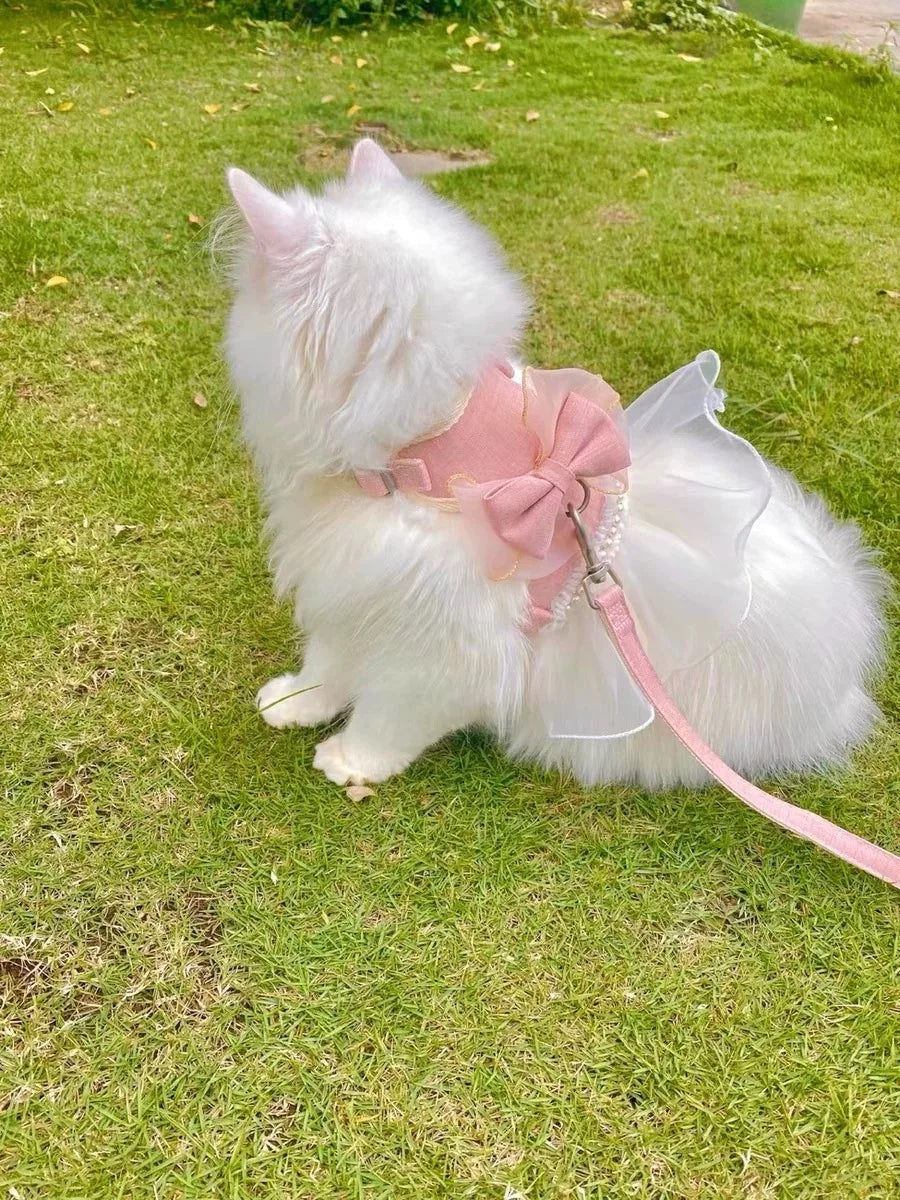 Cute Bowknot Cat Harness Leash Princess Cat Dress Costumes Nylon Kittten Dress Puppy Harness For Chihuahua Teddy Cats Clothes