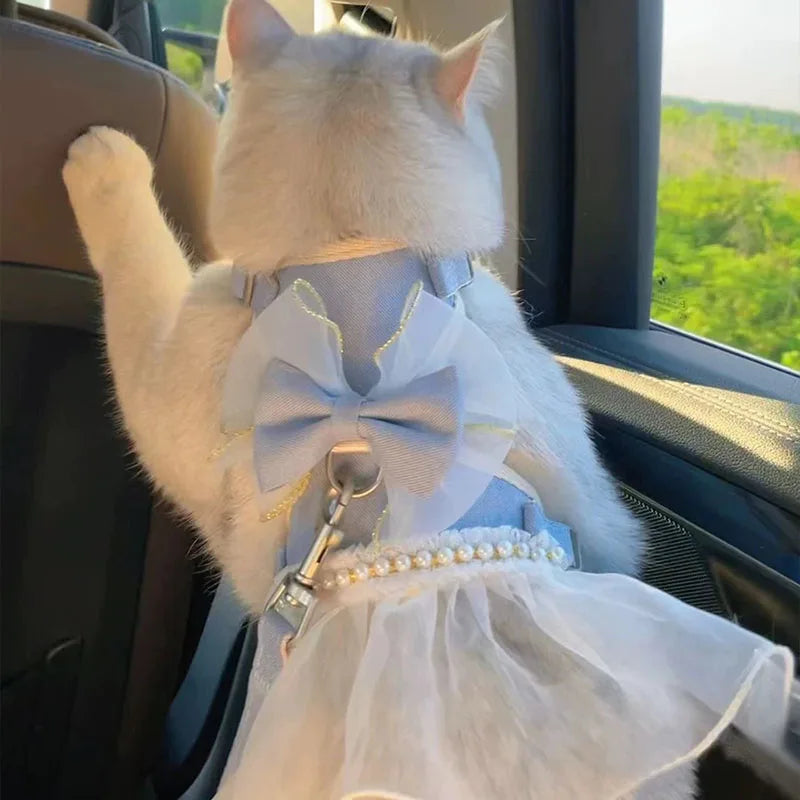 Cute Bowknot Cat Harness Leash Princess Cat Dress Costumes Nylon Kittten Dress Puppy Harness For Chihuahua Teddy Cats Clothes